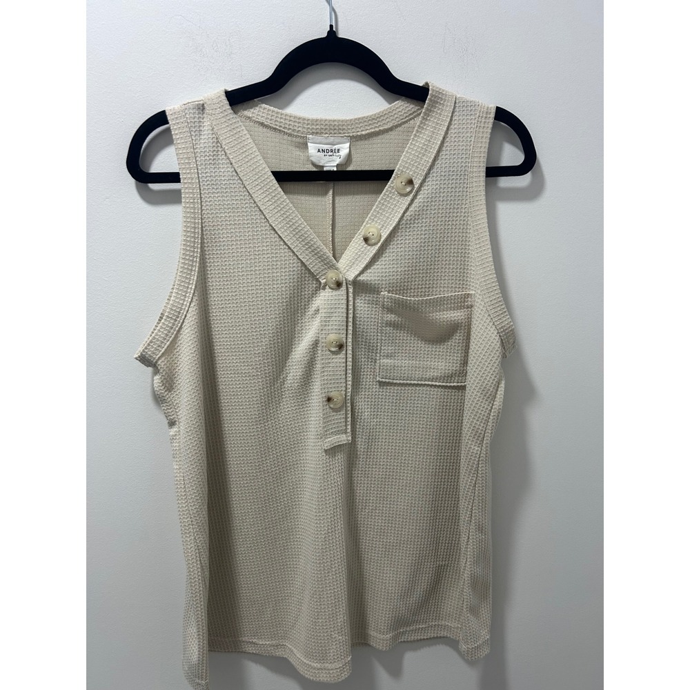 Andree by Unit Womens Beige Waffle Knit Button V-Neck Tank Top Pocket MHS100 L